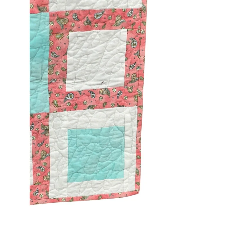 Handmade Patchwork Throw Quilt Coral Aqua Square Blocks 39x39